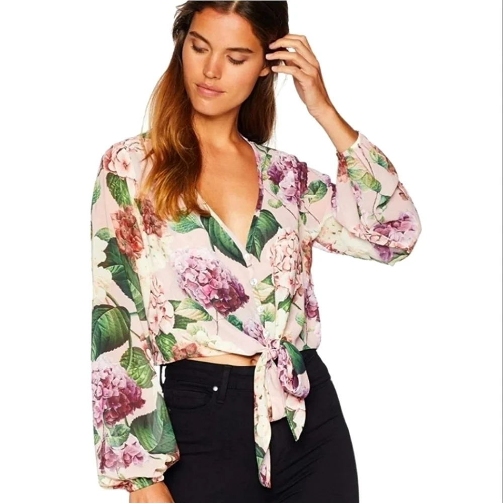 Show Me Your Mumu Floral Bohemian Tie Top With Plunging Neckline. Size M - Picture 3 of 8
